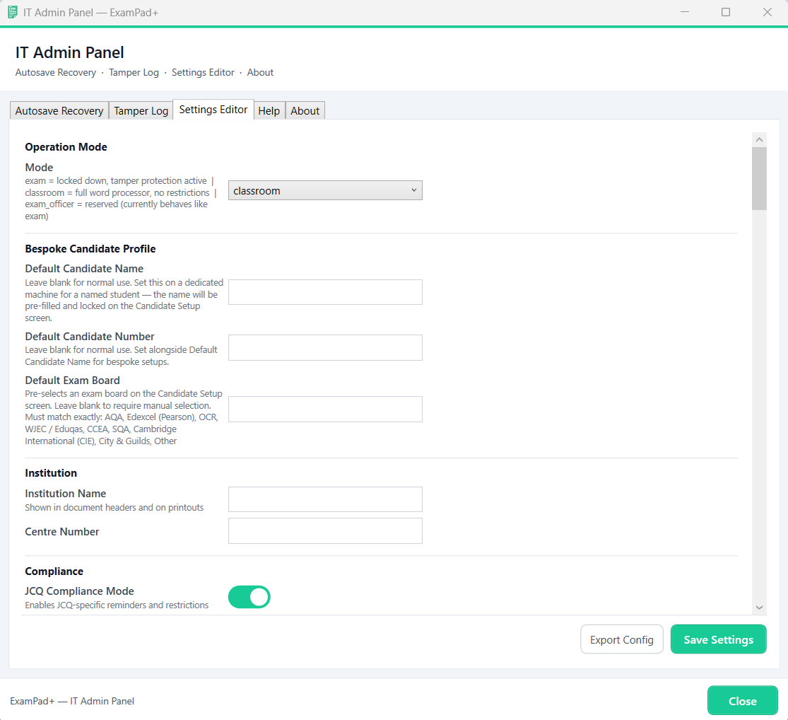 ExamPad+ Admin Settings Panel